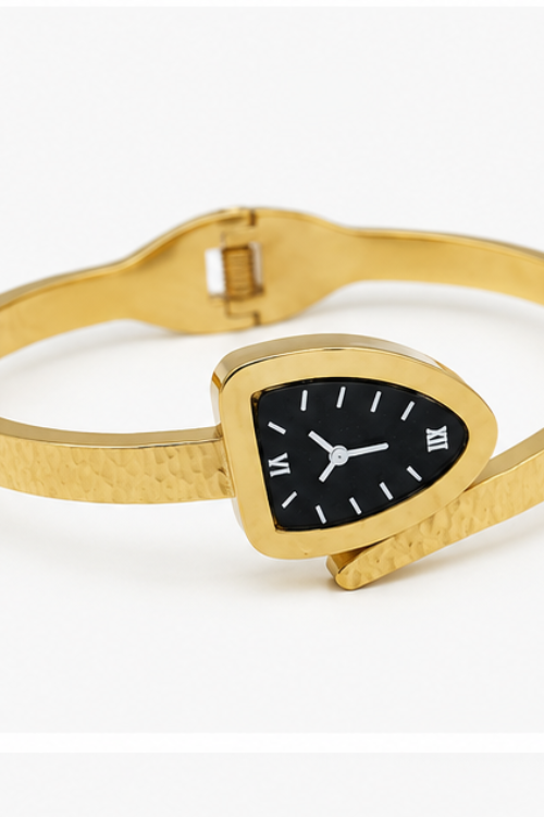 The Chrono Serpenti Stainless Steel Bangle – Hammered Gold Cuff with Triangular Watch Dial Motif