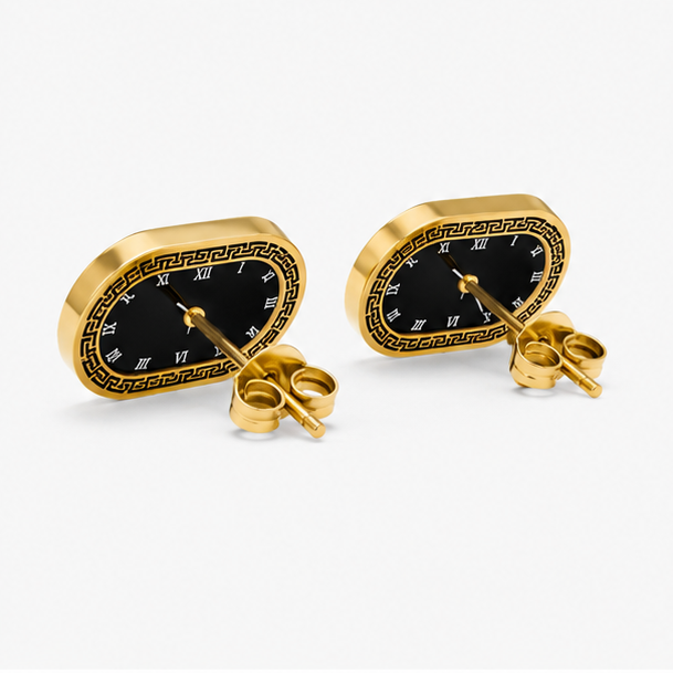 The Chrono Muse Stainless Steel Studs – Vintage Oval Watch-Dial Motif Earrings with Greek Key Border - Image 3