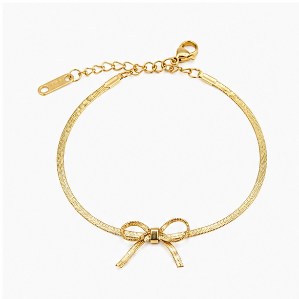 The Coquette Bow Stainless Steel Bracelet - Flat Herringbone Chain with Textured Ribbon Charm