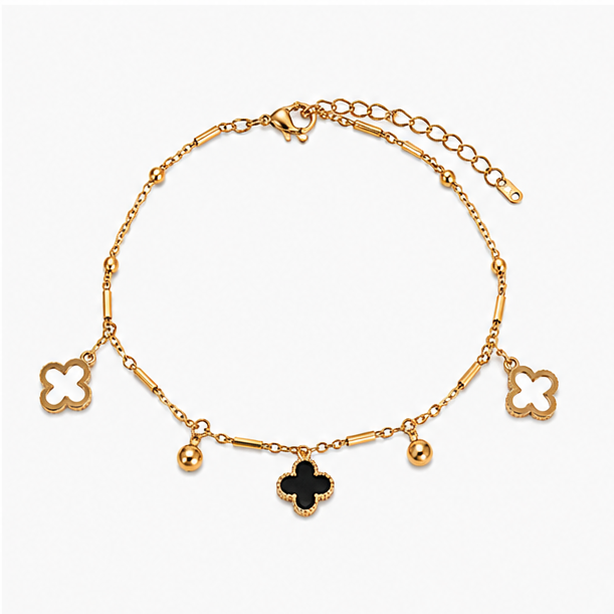 The Alhambra Clover Stainless Steel Bracelet - Multi-Charm Station Chain with Black & Hollow Motifs