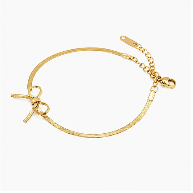 The Coquette Bow Stainless Steel Bracelet - Flat Herringbone Chain with Textured Ribbon Charm - Image 2
