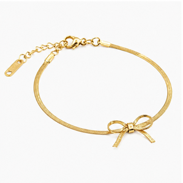 The Coquette Bow Stainless Steel Bracelet - Flat Herringbone Chain with Textured Ribbon Charm - Image 3