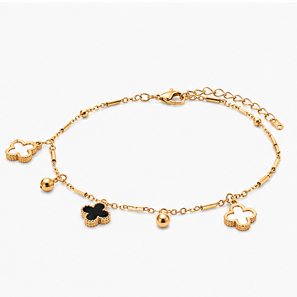 The Alhambra Clover Stainless Steel Bracelet - Multi-Charm Station Chain with Black & Hollow Motifs - Image 3