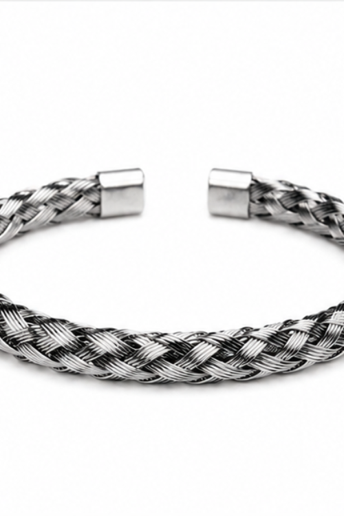 The Titan Braided Stainless Steel Bangle – Twisted Cable Wire Industrial Open Cuff Bracelet