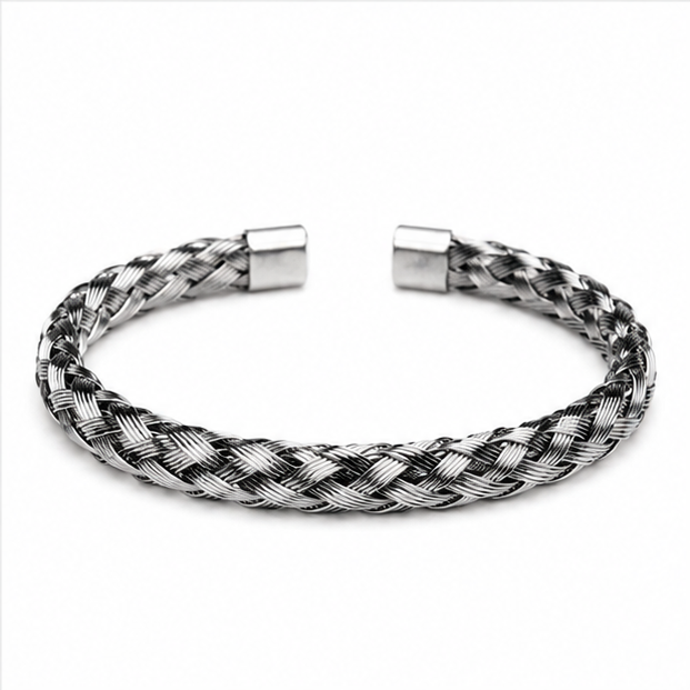 The Titan Braided Stainless Steel Bangle – Twisted Cable Wire Industrial Open Cuff Bracelet