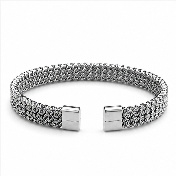 The Sterling Mesh Stainless Steel Bangle - Interlocking Woven Multi-Row Silver Cuff with Magnetic Caps - Image 2