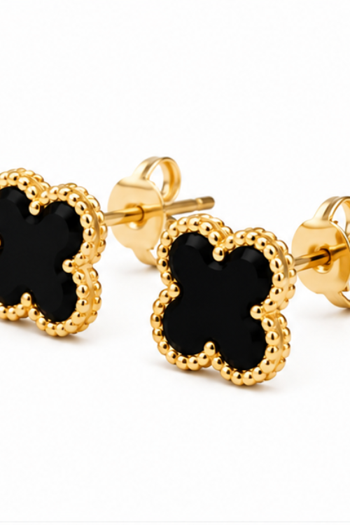 The Classic Clover Stainless Steel Stud Earrings – Minimalist Black Enamel Four-Leaf Lucky Motif