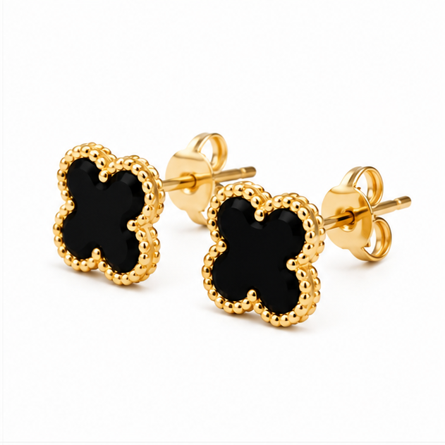 The Classic Clover Stainless Steel Stud Earrings – Minimalist Black Enamel Four-Leaf Lucky Motif