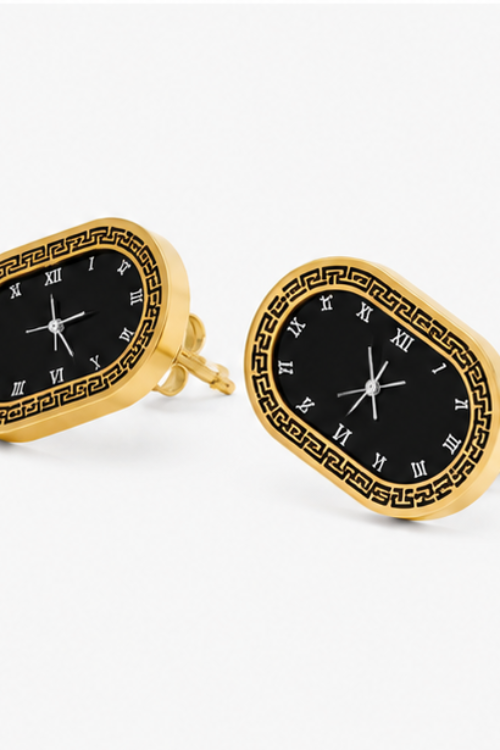 The Chrono Muse Stainless Steel Studs – Vintage Oval Watch-Dial Motif Earrings with Greek Key Border