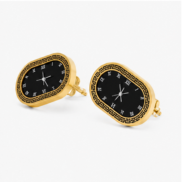 The Chrono Muse Stainless Steel Studs – Vintage Oval Watch-Dial Motif Earrings with Greek Key Border