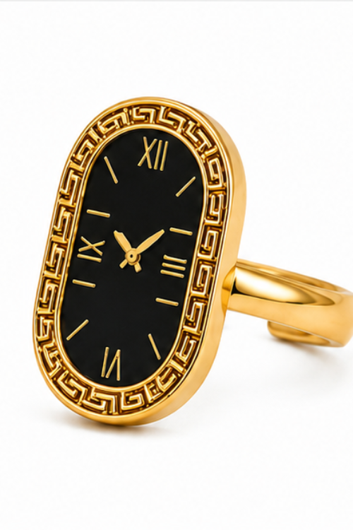 The Chrono Muse Stainless Steel Ring – Vintage Oval Watch-Dial Motif with Greek Key Border