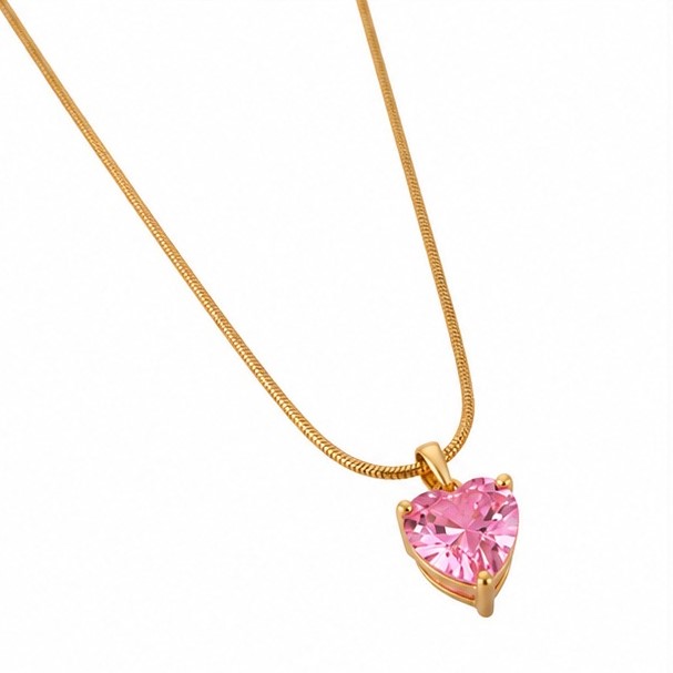 Pink Crystal Heart Stainless Steel Necklace - Image 3