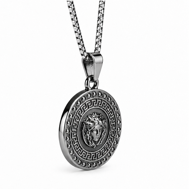 Three quarter right profile view of a luxury black punk style greek warrior pendant necklace hanging vertically.