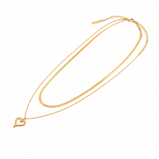 Elongated studio view of a gold double layer layered neck piece tracking up to the adjustable extension link chain and clasp.
