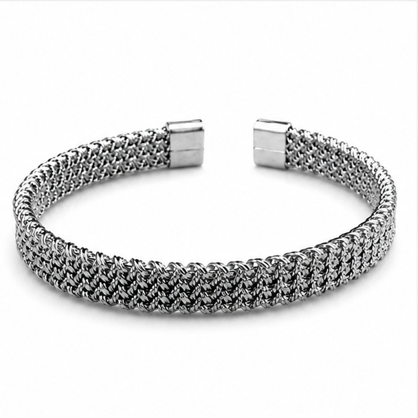 The Sterling Mesh Stainless Steel Bangle - Interlocking Woven Multi-Row Silver Cuff with Magnetic Caps - Image 3