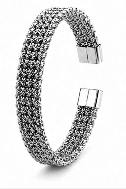 The Sterling Mesh Stainless Steel Bangle – Interlocking Woven Multi-Row Silver Cuff with Magnetic Caps