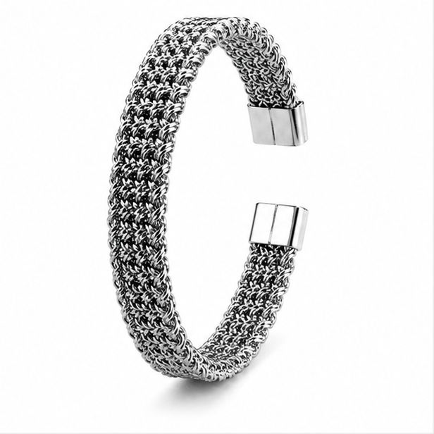The Sterling Mesh Stainless Steel Bangle - Interlocking Woven Multi-Row Silver Cuff with Magnetic Caps