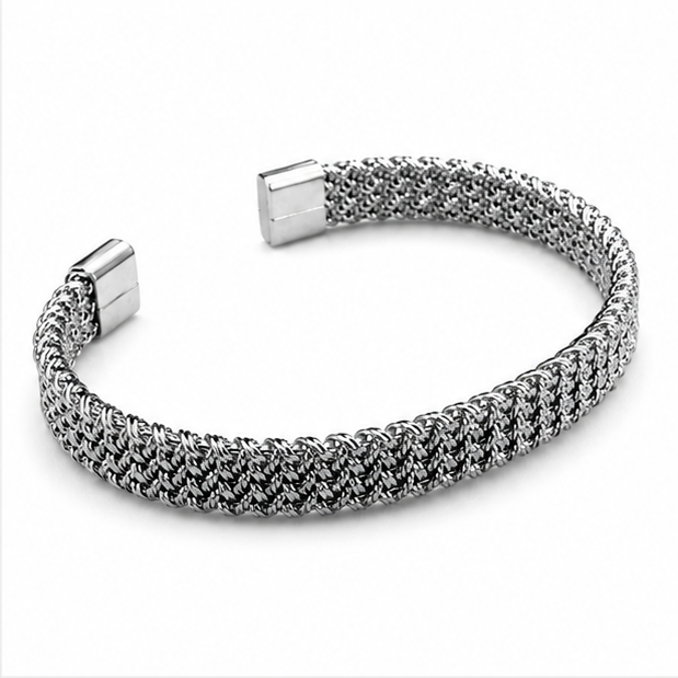 The Sterling Mesh Stainless Steel Bangle - Interlocking Woven Multi-Row Silver Cuff with Magnetic Caps - Image 4