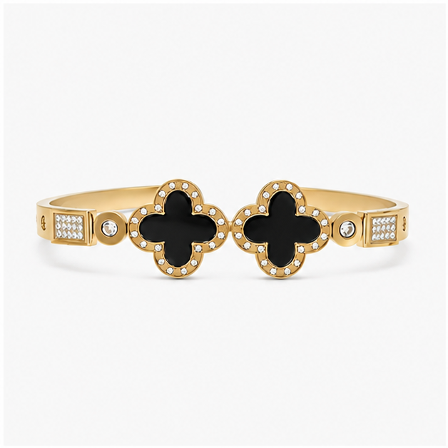 The Empress Double Clover Stainless Steel Bangle - Luxury Crystal-Encrusted Enamel Hinged Cuff Bracelet - Image 2