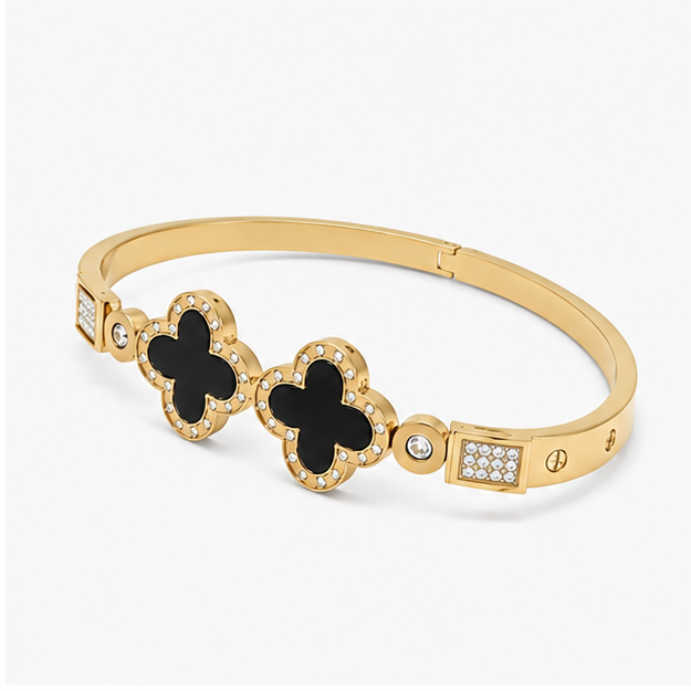 The Empress Double Clover Stainless Steel Bangle - Luxury Crystal-Encrusted Enamel Hinged Cuff Bracelet - Image 3