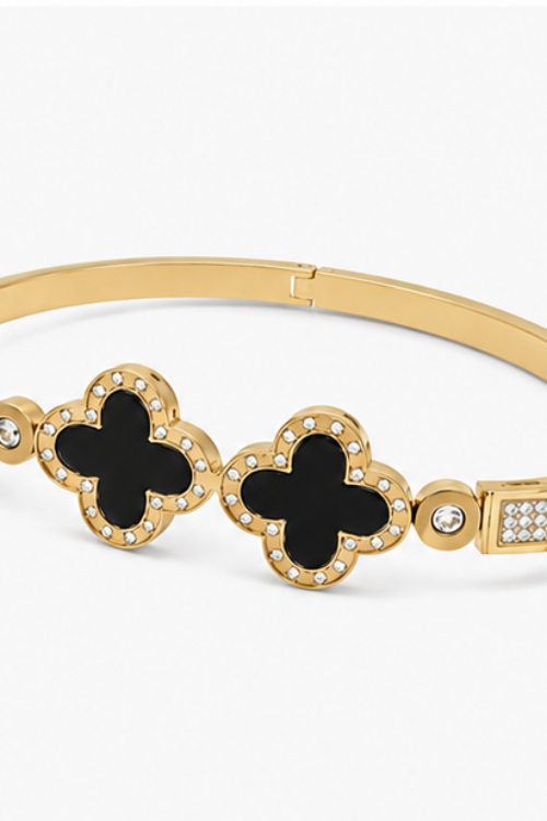 The Empress Double Clover Stainless Steel Bangle – Luxury Crystal-Encrusted Enamel Hinged Cuff Bracelet