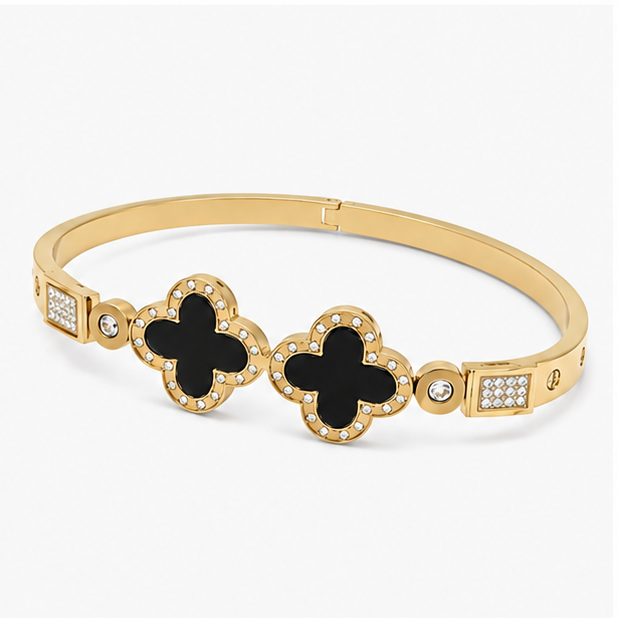 The Empress Double Clover Stainless Steel Bangle – Luxury Crystal-Encrusted Enamel Hinged Cuff Bracelet