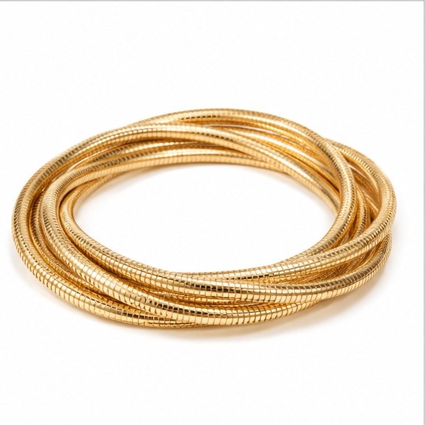 Gold plated stainless steel multi layer flexible snake chain coil bracelet displayed in a neat layered circle layout on a white background