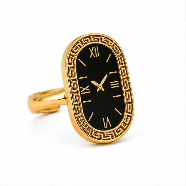 The Chrono Muse Stainless Steel Ring – Vintage Oval Watch-Dial Motif with Greek Key Border - Image 4