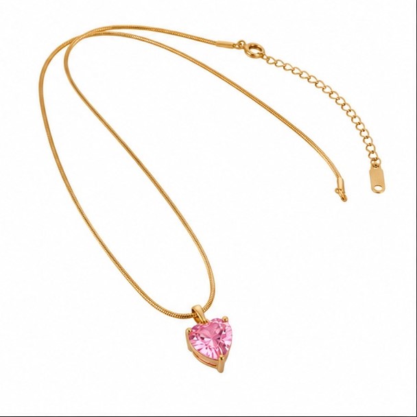 Pink Crystal Heart Stainless Steel Necklace - Image 4