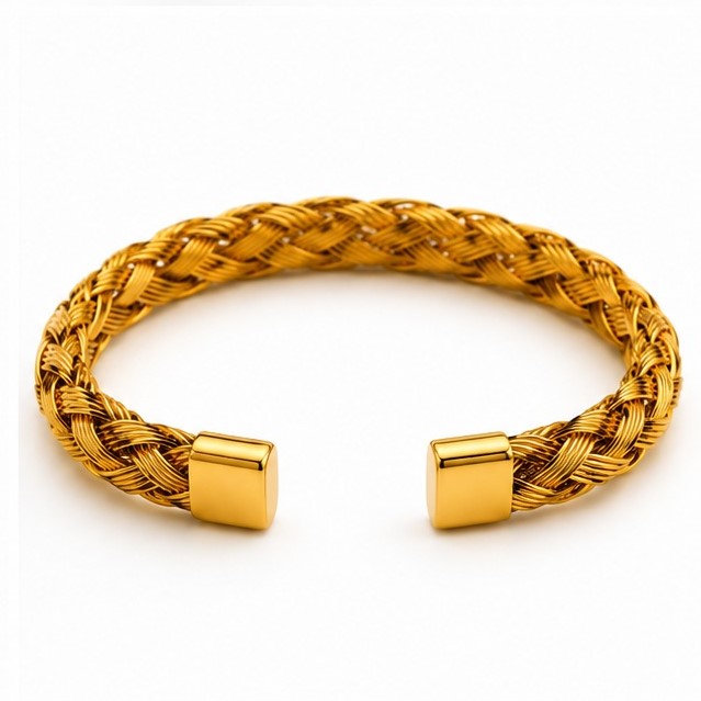 Direct front studio shot of the gold braided wire bracelet focusing on the open-cuff gap and symmetrical square metal endpoints.