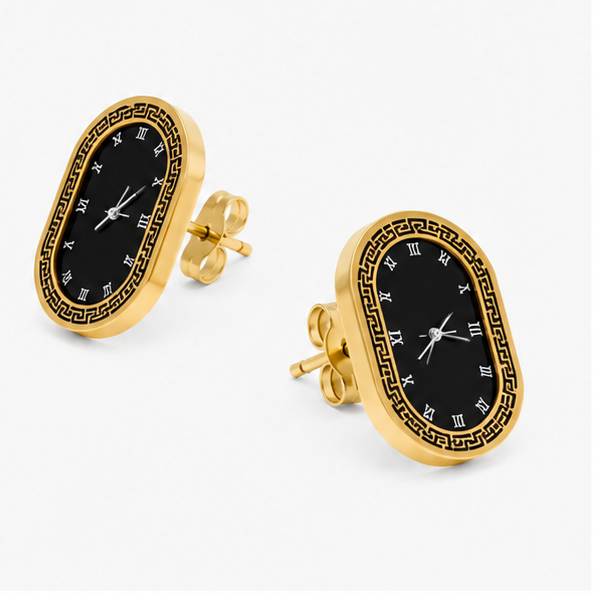 The Chrono Muse Stainless Steel Studs – Vintage Oval Watch-Dial Motif Earrings with Greek Key Border - Image 4