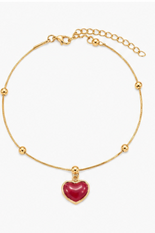 The Amour Heart Stainless Steel Bracelet – Dainty Satellite Snake Chain with Glossy Crimson Red Charm