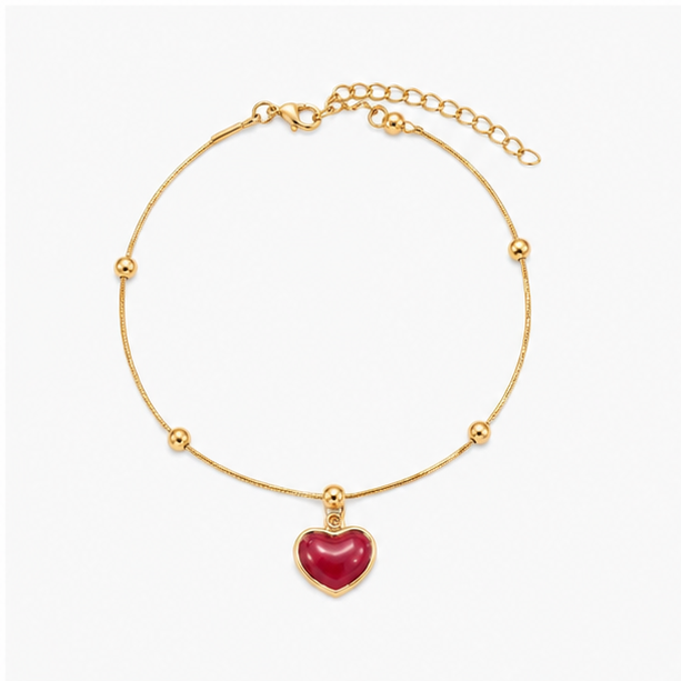 The Amour Heart Stainless Steel Bracelet – Dainty Satellite Snake Chain with Glossy Crimson Red Charm