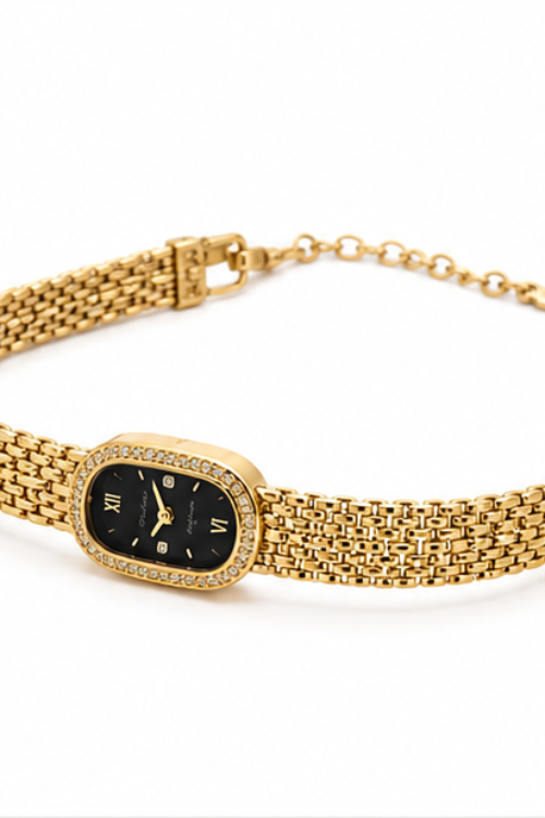 The Vintage Timeless Stainless Steel Bracelet – Brick Link Chain with Rhinestone Oval Watch Dial Motif
