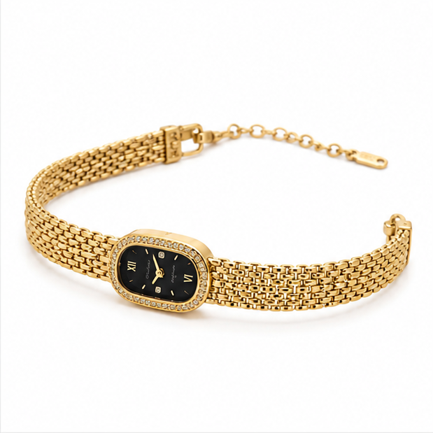 The Vintage Timeless Stainless Steel Bracelet - Brick Link Chain with Rhinestone Oval Watch Dial Motif