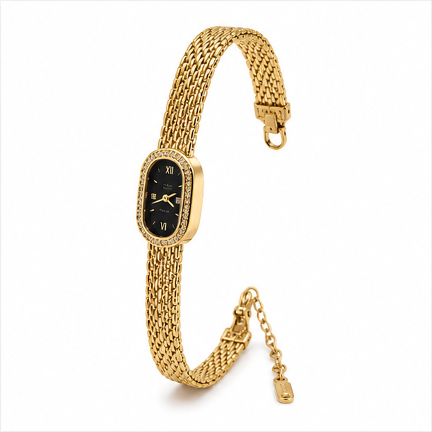 The Vintage Timeless Stainless Steel Bracelet - Brick Link Chain with Rhinestone Oval Watch Dial Motif - Image 5