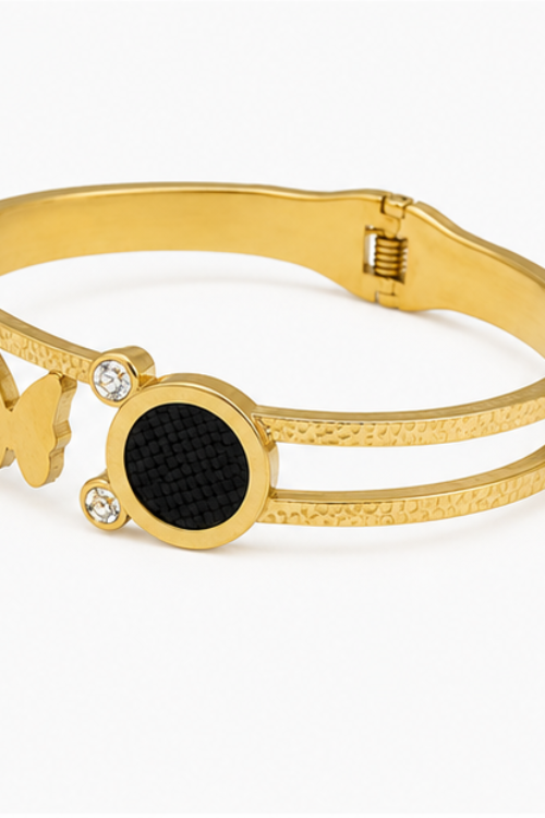 The Papillon Luxe Stainless Steel Bangle – Double-Row Hammered Split Cuff with Butterfly & Textured Medallion Motif