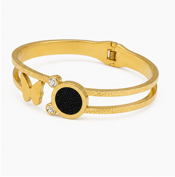The Papillon Luxe Stainless Steel Bangle – Double-Row Hammered Split Cuff with Butterfly & Textured Medallion Motif