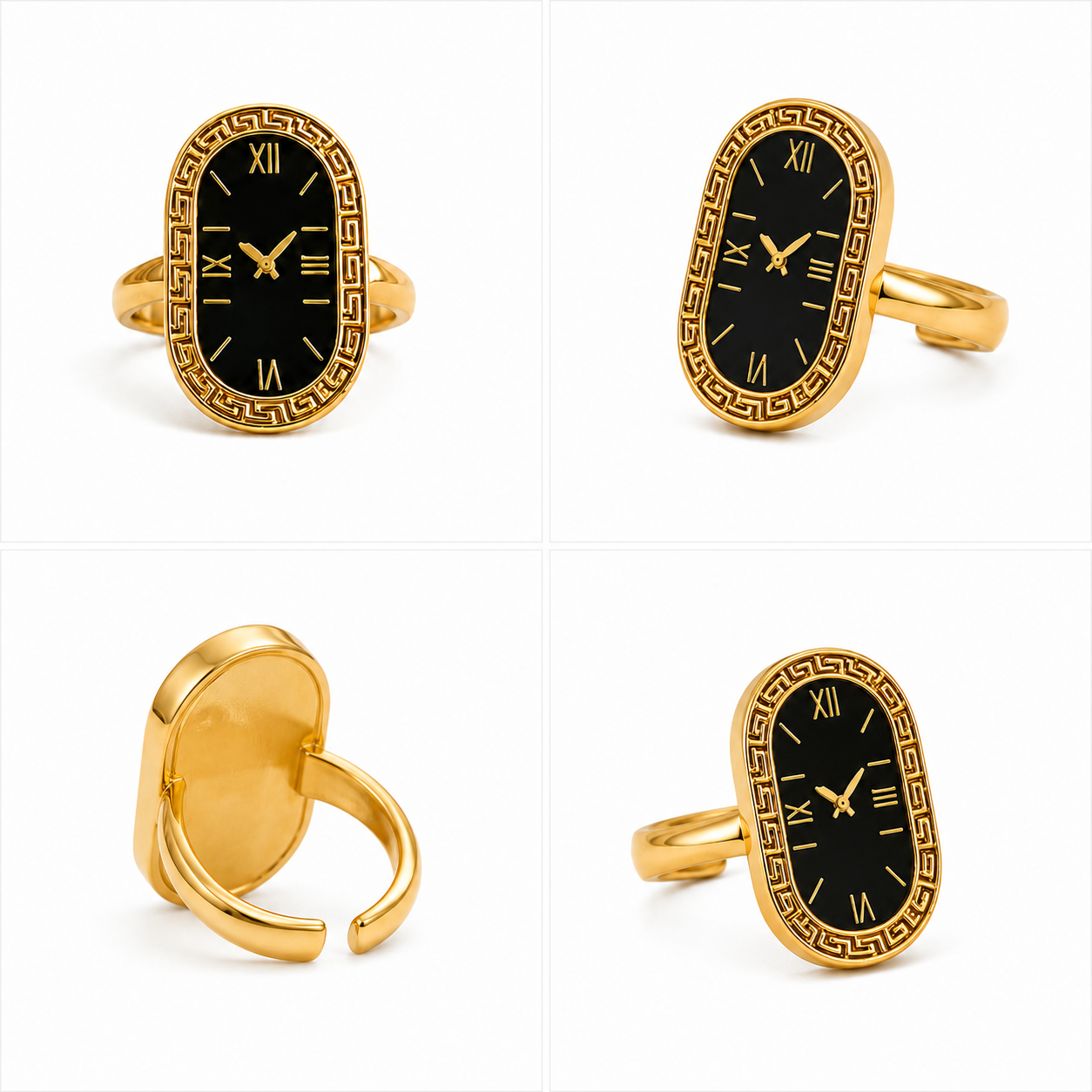 The Chrono Muse Stainless Steel Ring – Vintage Oval Watch-Dial Motif with Greek Key Border - Image 5