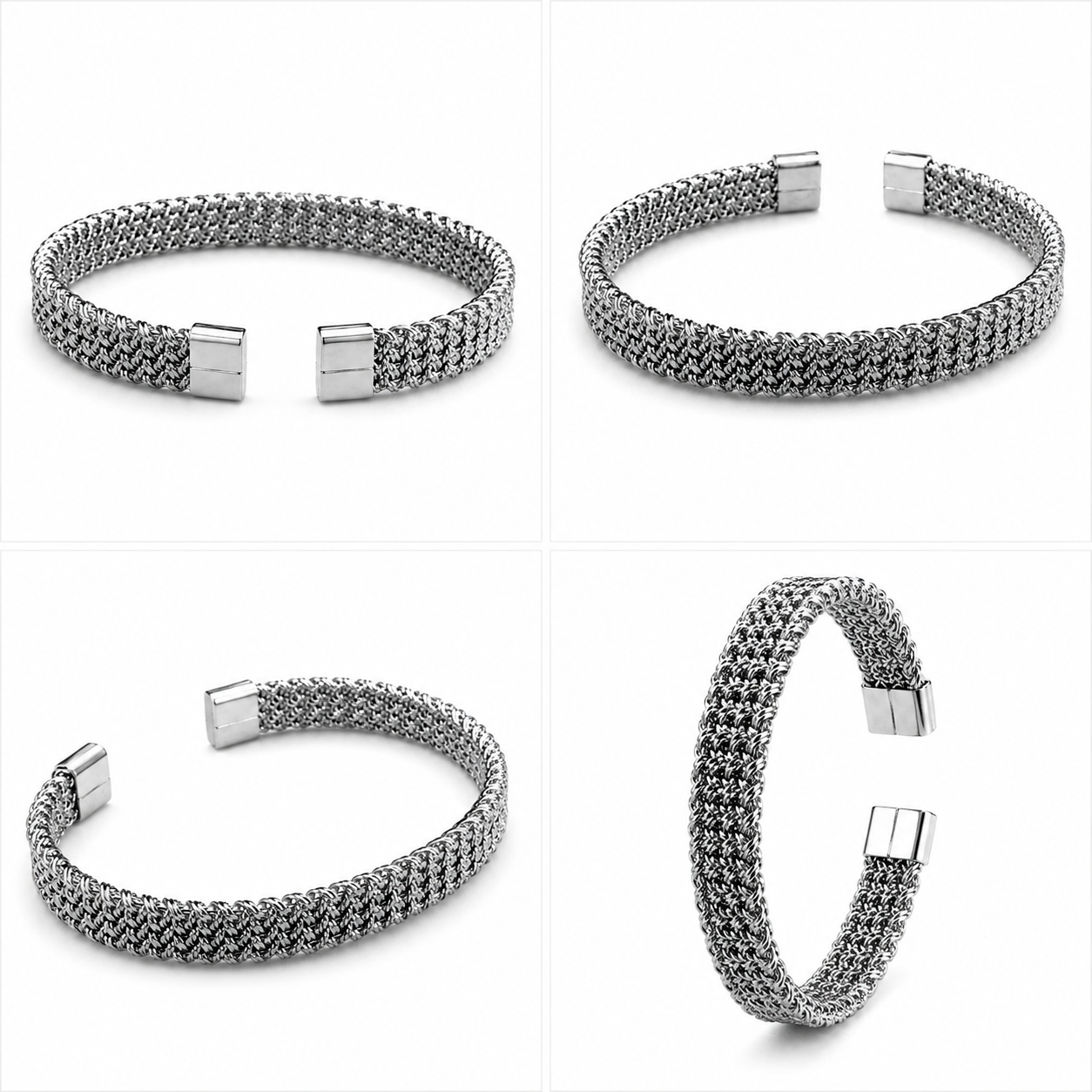 The Sterling Mesh Stainless Steel Bangle - Interlocking Woven Multi-Row Silver Cuff with Magnetic Caps - Image 5