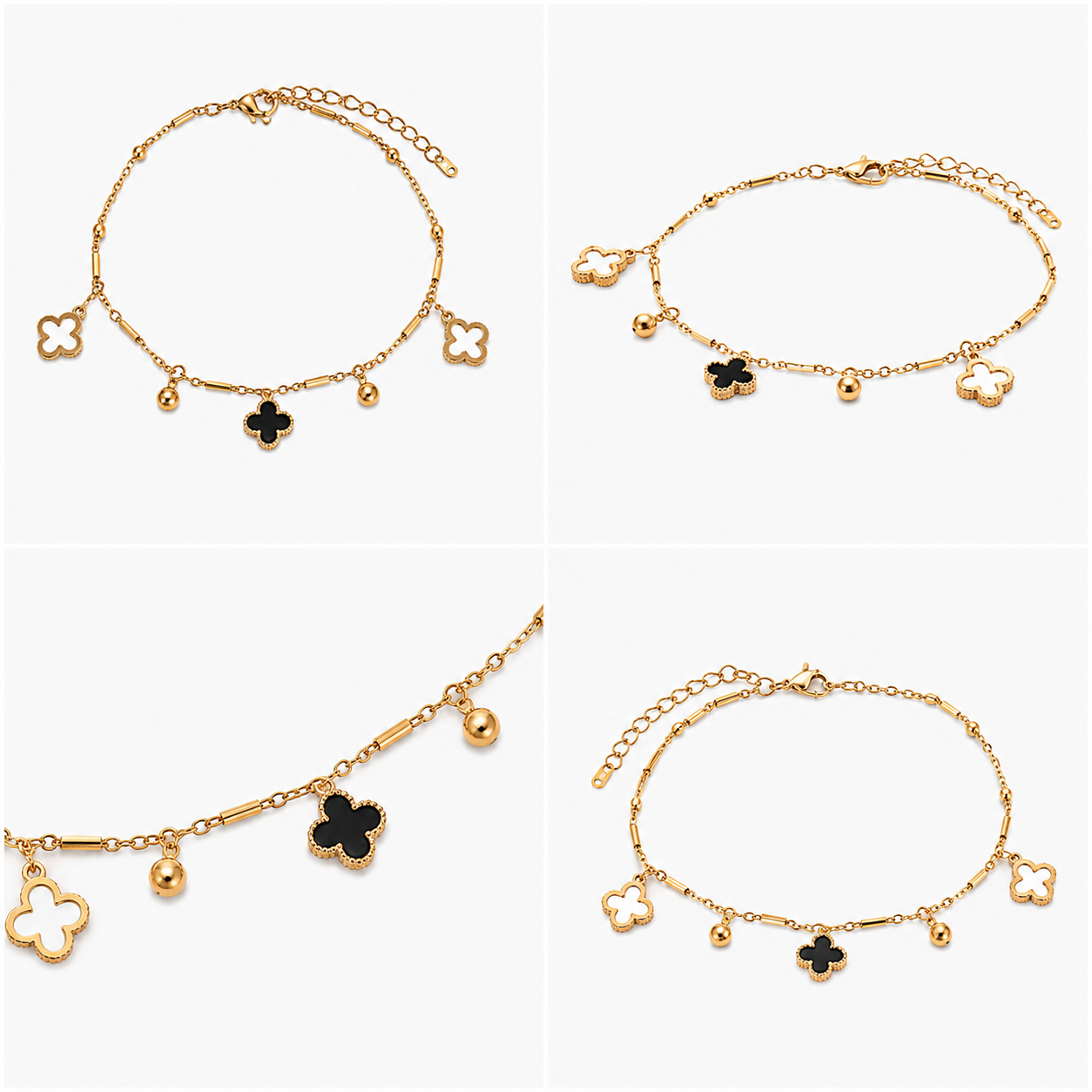 The Alhambra Clover Stainless Steel Bracelet - Multi-Charm Station Chain with Black & Hollow Motifs - Image 5