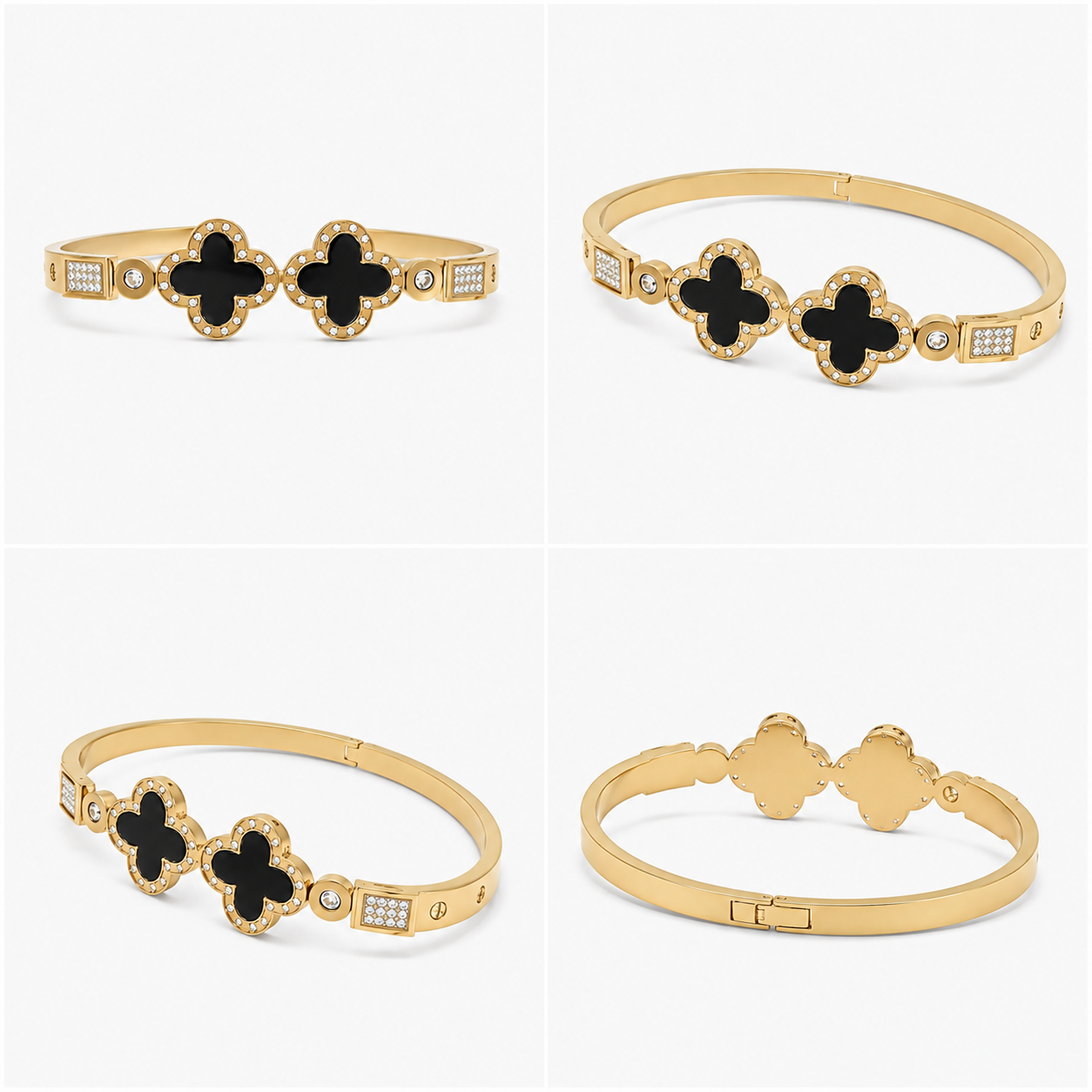 The Empress Double Clover Stainless Steel Bangle - Luxury Crystal-Encrusted Enamel Hinged Cuff Bracelet - Image 6