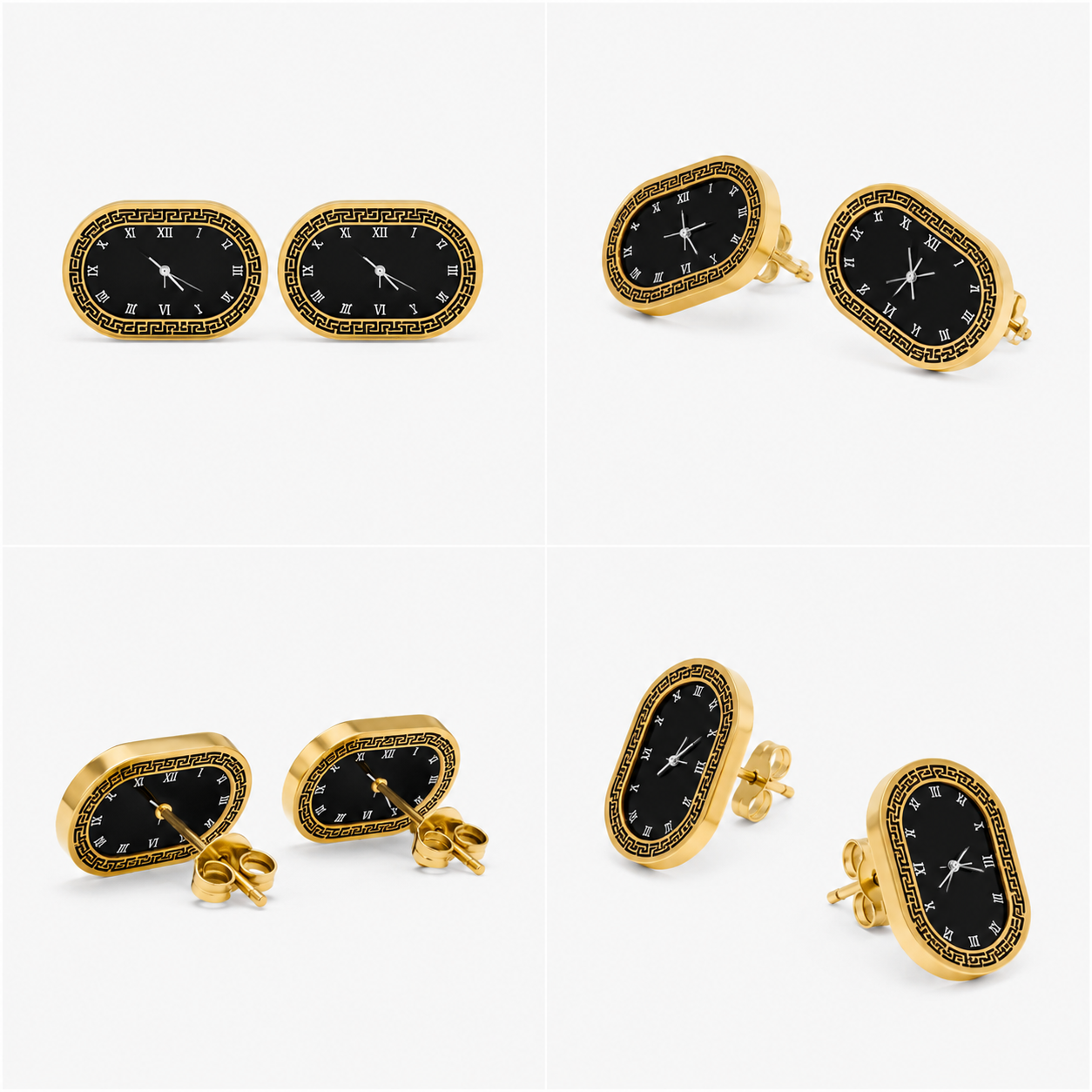 The Chrono Muse Stainless Steel Studs – Vintage Oval Watch-Dial Motif Earrings with Greek Key Border - Image 5