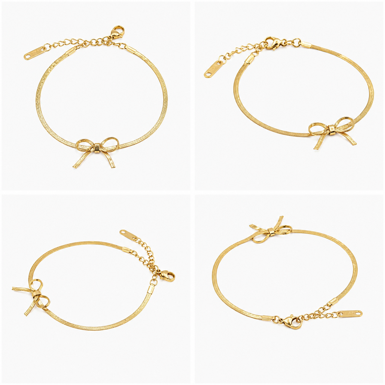 The Coquette Bow Stainless Steel Bracelet - Flat Herringbone Chain with Textured Ribbon Charm - Image 5