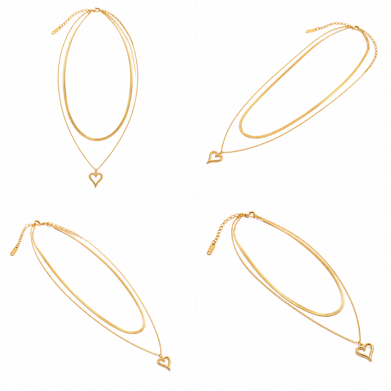 4-in-1 product collage catalog grid compiling the symmetric front layout and multiple macro angled studio perspectives of Zafiroon layered gold heart necklace.
