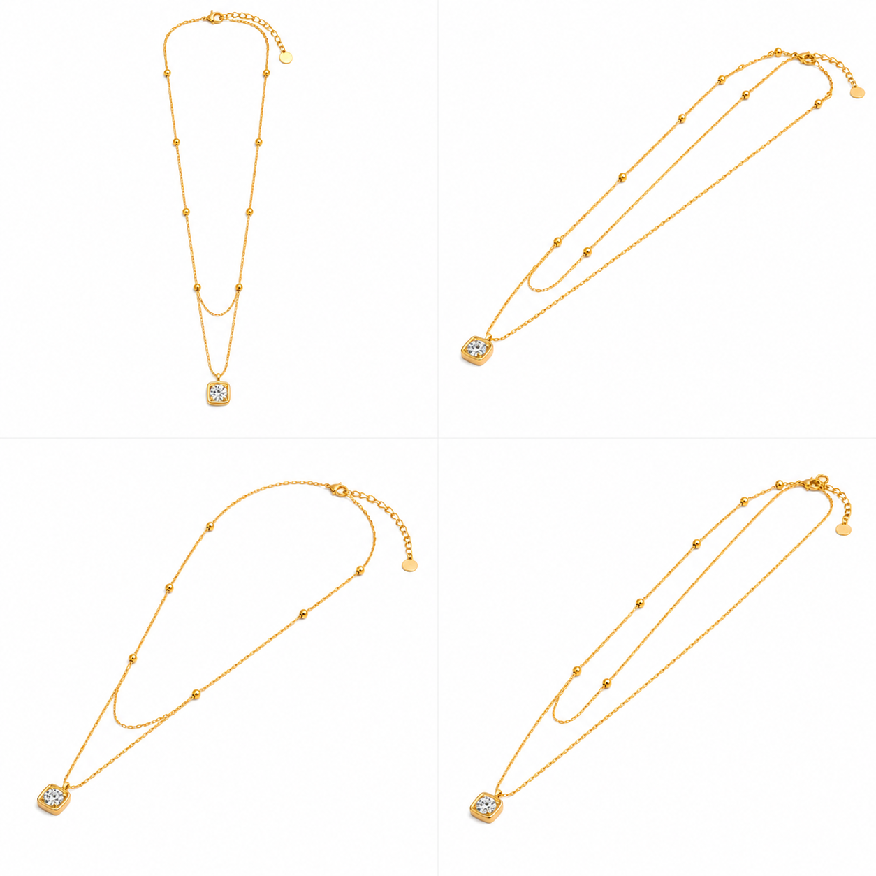 4-in-1 product collage grid layout compiling full vertical front view and multiple macro angled perspectives of Zafiroon layered gold square crystal necklace.