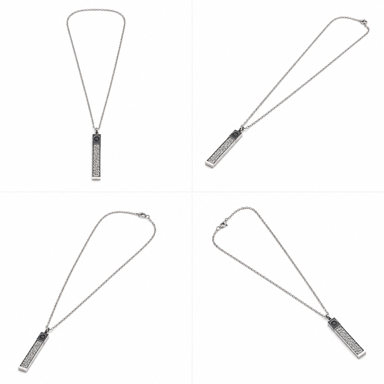 4-in-1 product collage grid compiling full front layout and multiple macro angled studio views of Zafiroon silver vertical bar necklace.