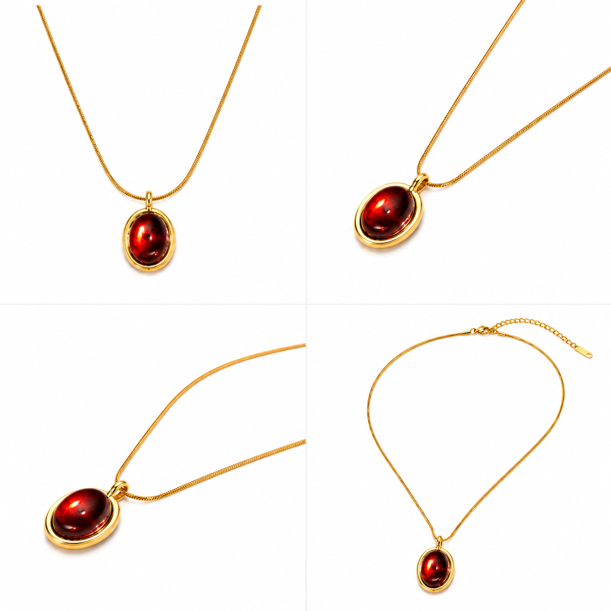 4-in-1 product collage grid compiling full front layout, dual macro angled perspectives, and full flat lay overview of Zafiroon red oval stone necklace.