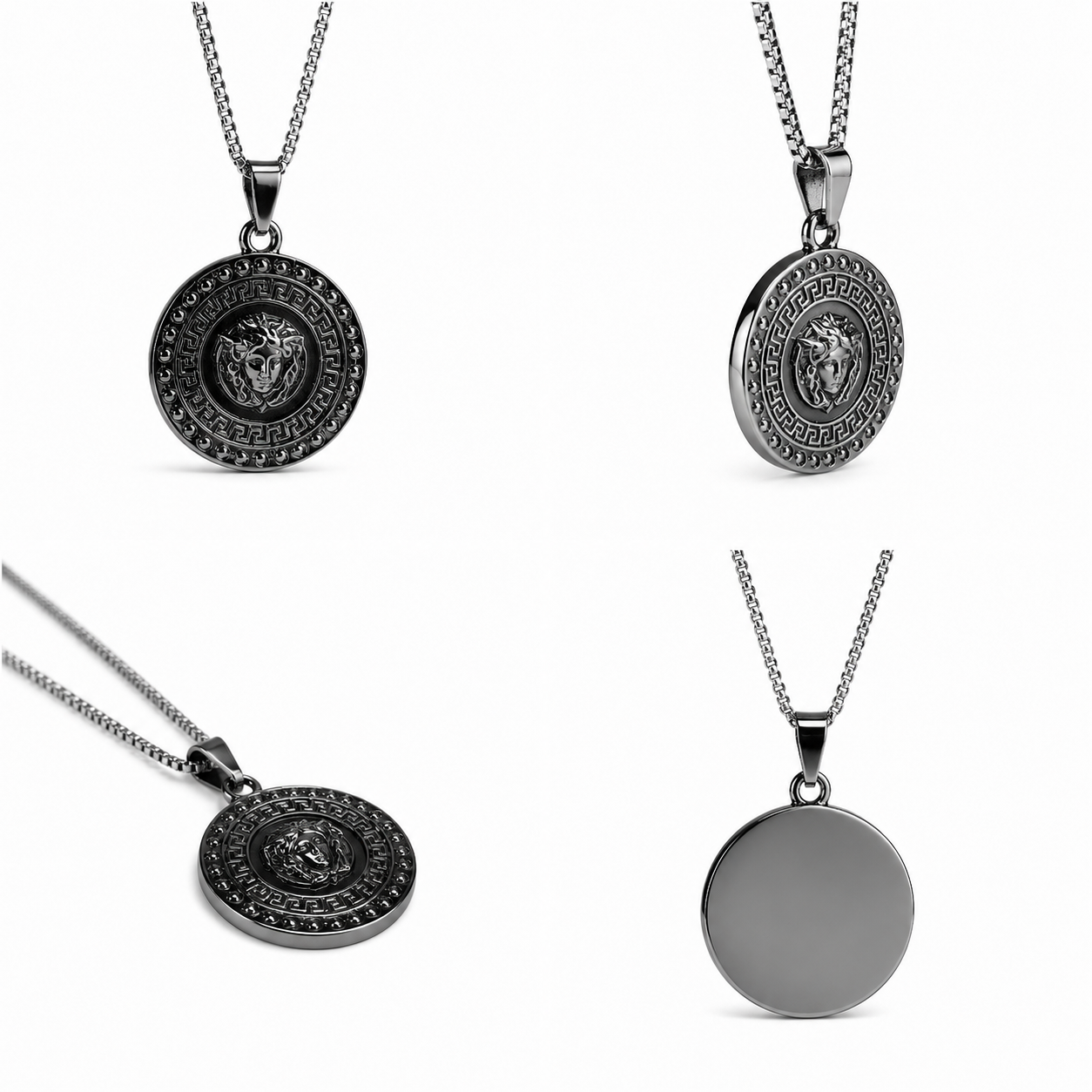 4-in-1 storefront product collage compiling the embossed front, smooth back view, and multi angle details of Zafiroon black Medusa steel necklace.