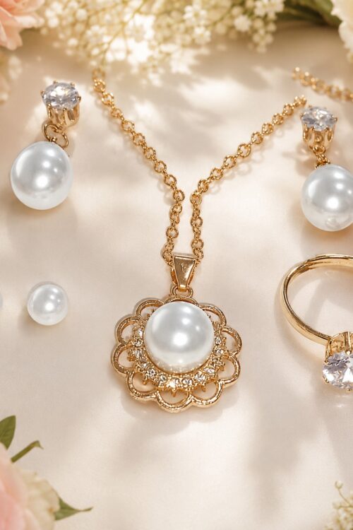 Elegant Pearl and Crystal Stainless Steel Jewelry Set